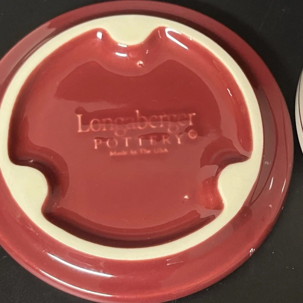 Longaberger Pottery Red Woven Traditions pint Crock, Lid, Coaster & New Candle